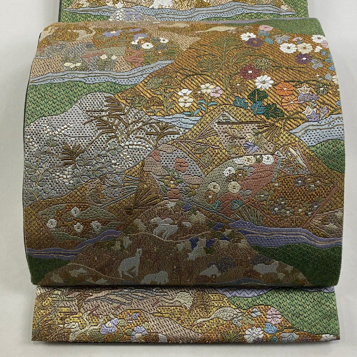 【庫存清倉】 袋帶 美品 逸品級 草花紋紋 動物刺繡 金銀彩 綠色 全通 純蠶絲