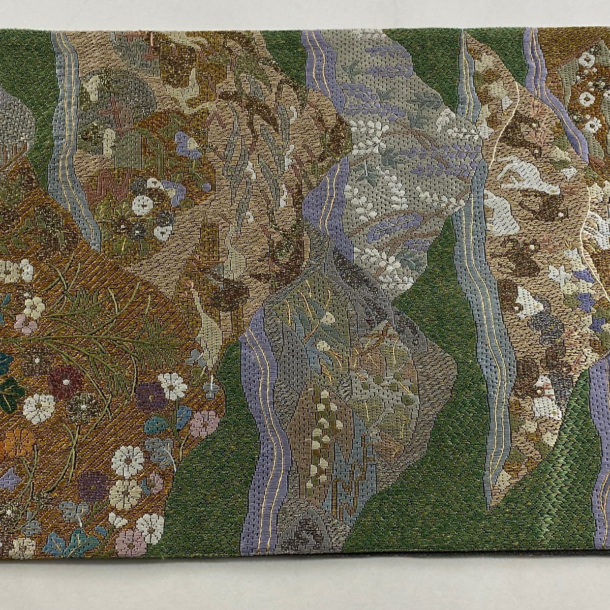 【庫存清倉】 袋帶 美品 逸品級 草花紋紋 動物刺繡 金銀彩 綠色 全通 純蠶絲