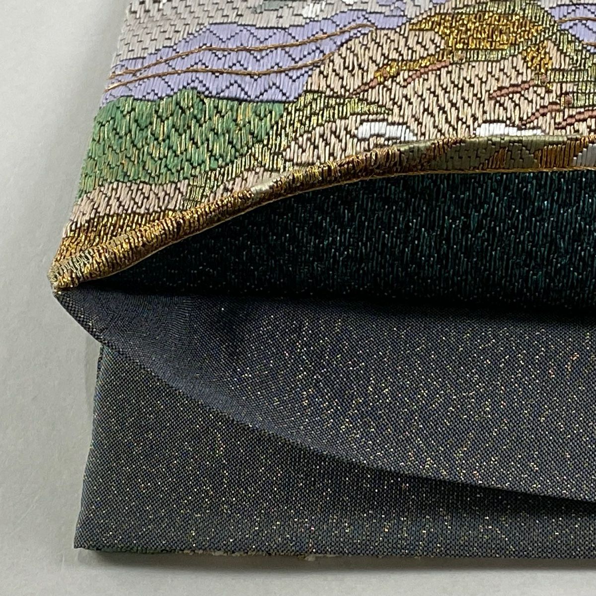 【庫存清倉】 袋帶 美品 逸品級 草花紋紋 動物刺繡 金銀彩 綠色 全通 純蠶絲