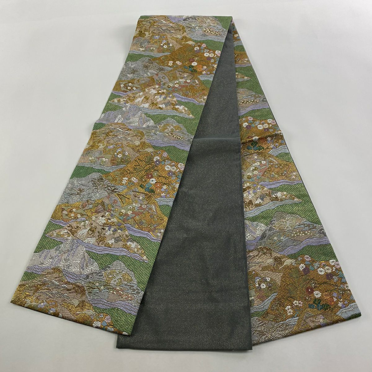 【庫存清倉】 袋帶 美品 逸品級 草花紋紋 動物刺繡 金銀彩 綠色 全通 純蠶絲