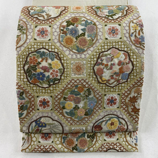 【庫存清倉】 袋帶 逸品級 蜀江紋 花圓紋 相良刺繡 金絲 米色 大鼓圖案 純蠶絲