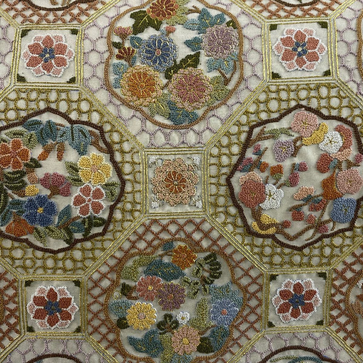 【庫存清倉】 袋帶 逸品級 蜀江紋 花圓紋 相良刺繡 金絲 米色 大鼓圖案 純蠶絲