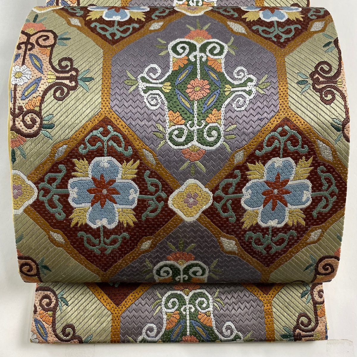 【庫存清倉】 袋帶 美品 逸品級 華紋 刺繡 金線 灰綠 全通 純蠶絲