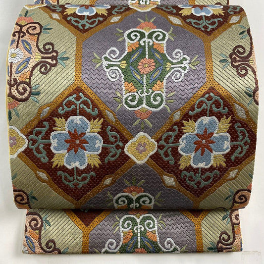 【庫存清倉】 袋帶 美品 逸品級 華紋 刺繡 金線 灰綠 全通 純蠶絲