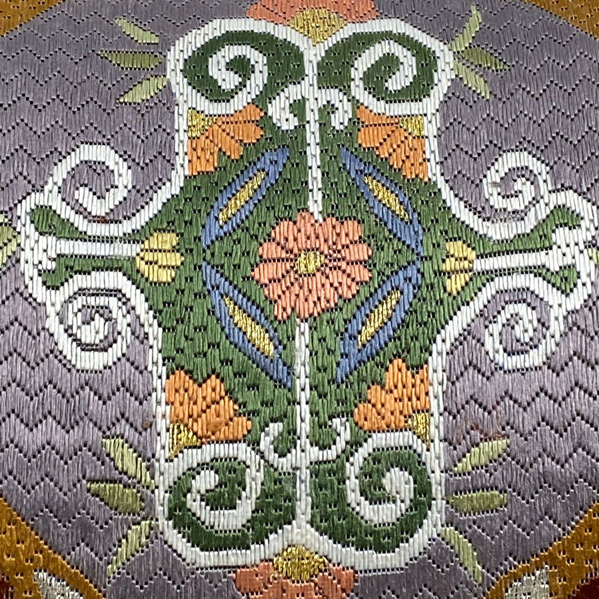 【庫存清倉】 袋帶 美品 逸品級 華紋 刺繡 金線 灰綠 全通 純蠶絲