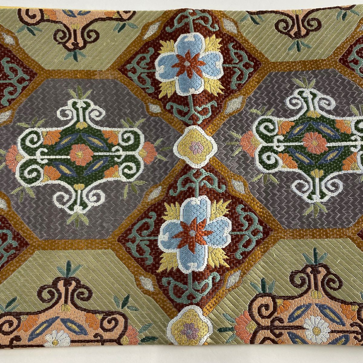 【庫存清倉】 袋帶 美品 逸品級 華紋 刺繡 金線 灰綠 全通 純蠶絲