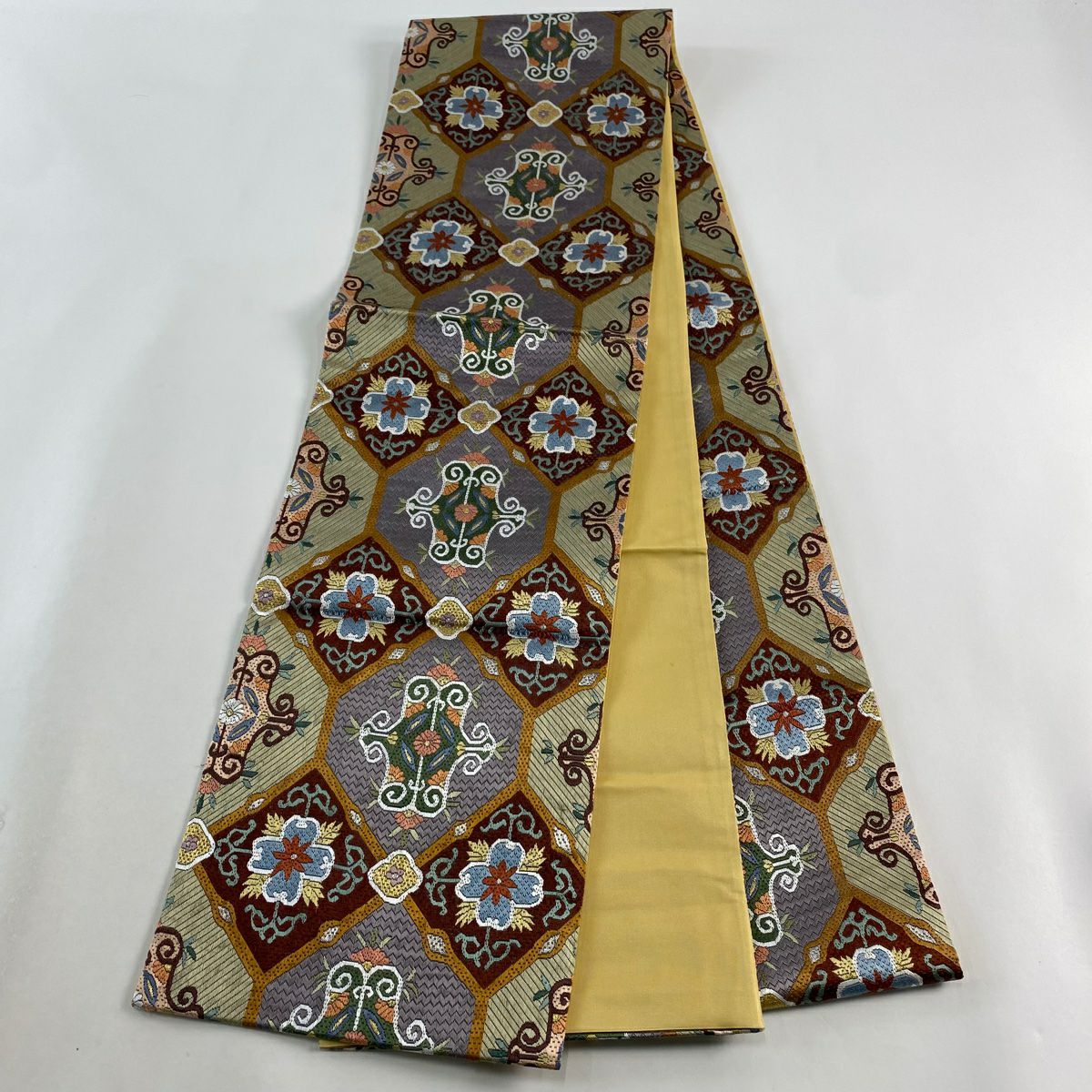 【庫存清倉】 袋帶 美品 逸品級 華紋 刺繡 金線 灰綠 全通 純蠶絲