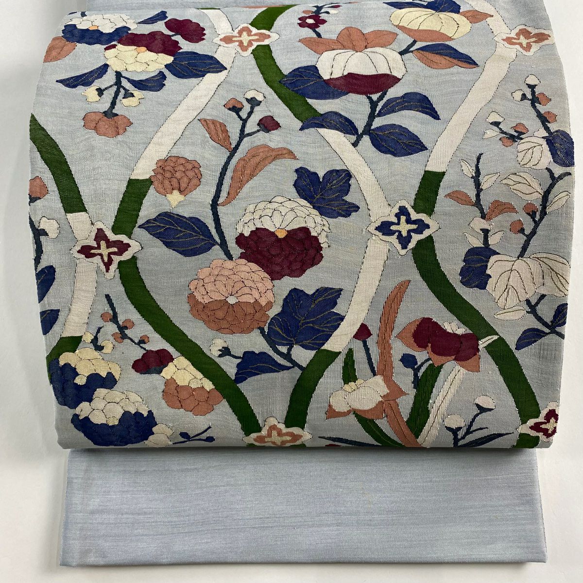 【庫存清倉】 袋帶 逸品級 草花紋 立涌 金絲 青灰 深藍色 お太鼓圖案 純蠶絲