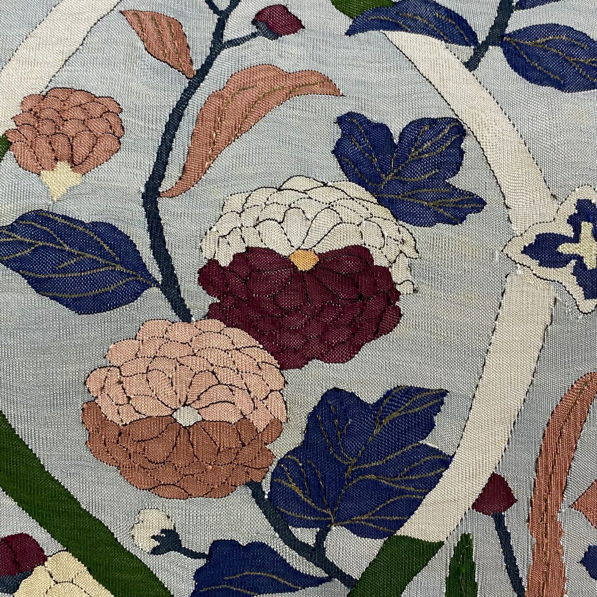 【庫存清倉】 袋帶 逸品級 草花紋 立涌 金絲 青灰 深藍色 お太鼓圖案 純蠶絲