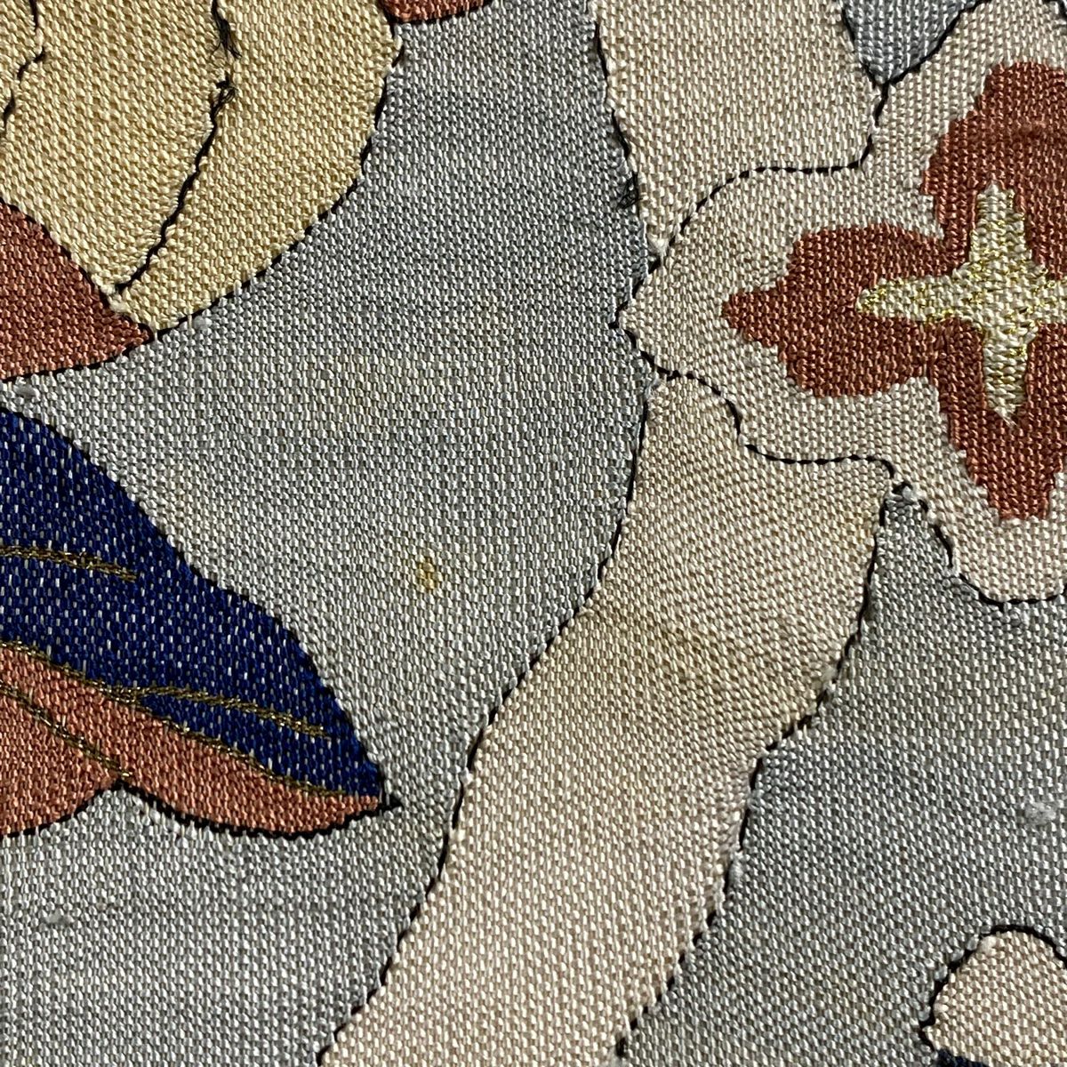 【庫存清倉】 袋帶 逸品級 草花紋 立涌 金絲 青灰 深藍色 お太鼓圖案 純蠶絲