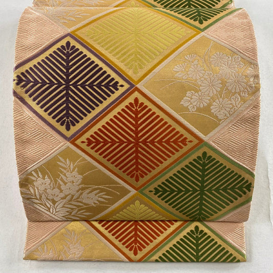 【庫存清倉】 袋帶 美品 秀品級 唐織菱取紋 菊花花 金金箔 鮭粉色 六通 純蠶絲