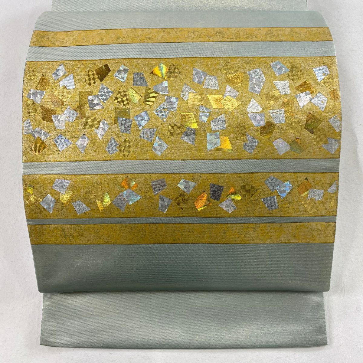 【庫存清倉】 袋帶 美品 秀品級 條紋 金金箔散落 淺綠色 大鼓圖案 純蠶絲