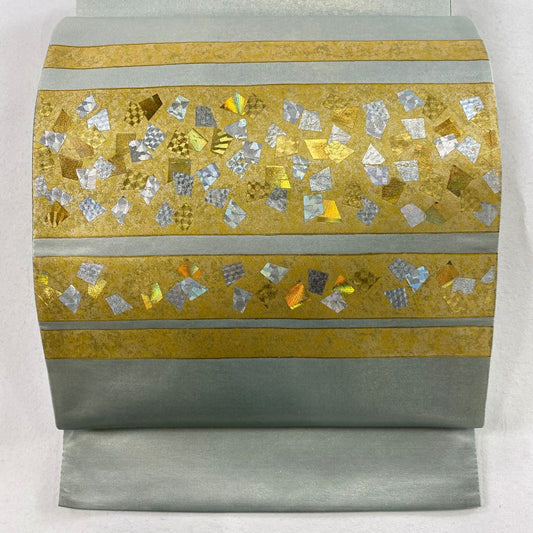 【庫存清倉】 袋帶 美品 秀品級 條紋 金金箔散落 淺綠色 大鼓圖案 純蠶絲