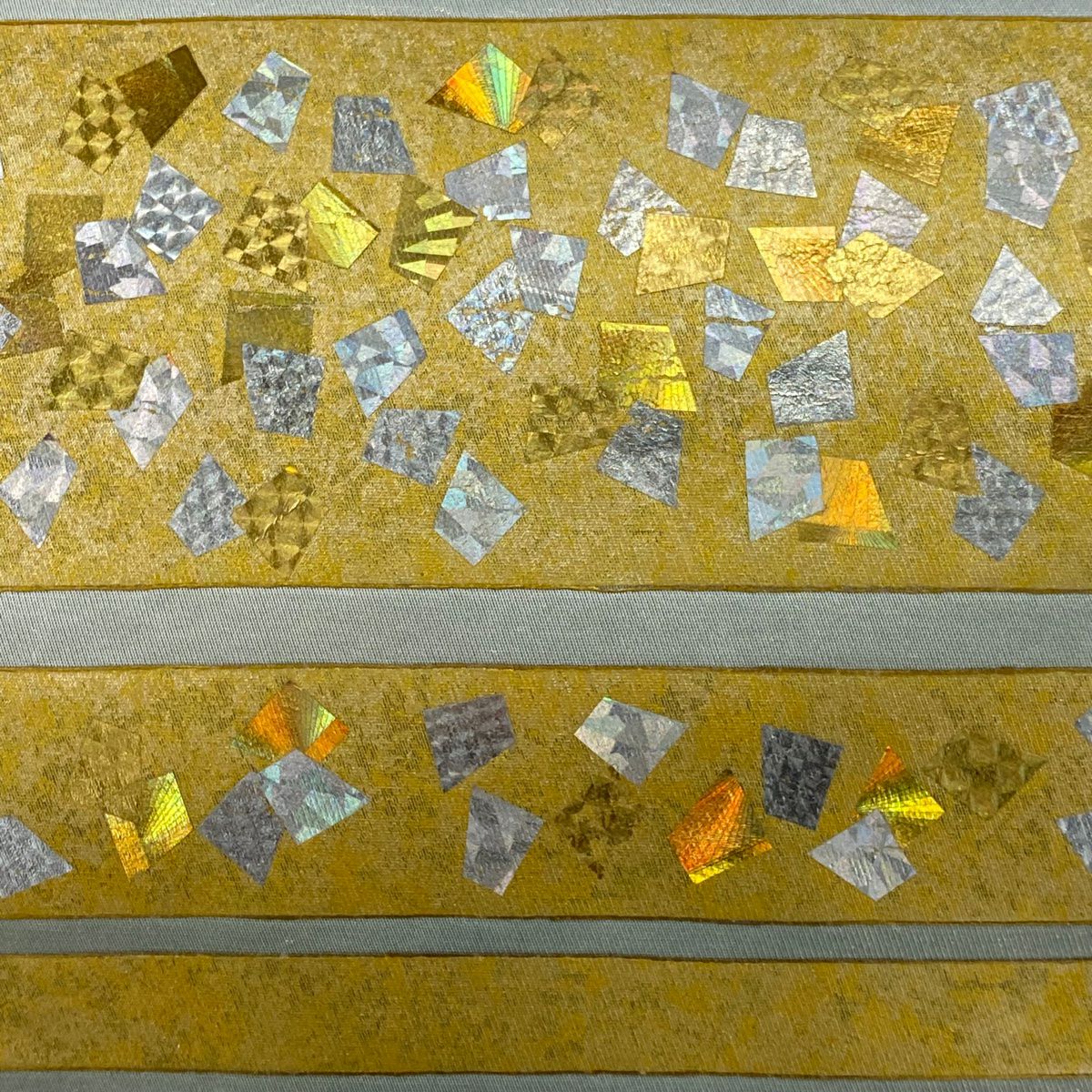 【庫存清倉】 袋帶 美品 秀品級 條紋 金金箔散落 淺綠色 大鼓圖案 純蠶絲