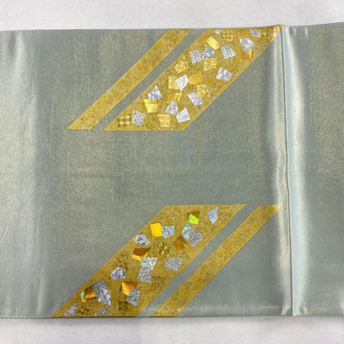 【庫存清倉】 袋帶 美品 秀品級 條紋 金金箔散落 淺綠色 大鼓圖案 純蠶絲