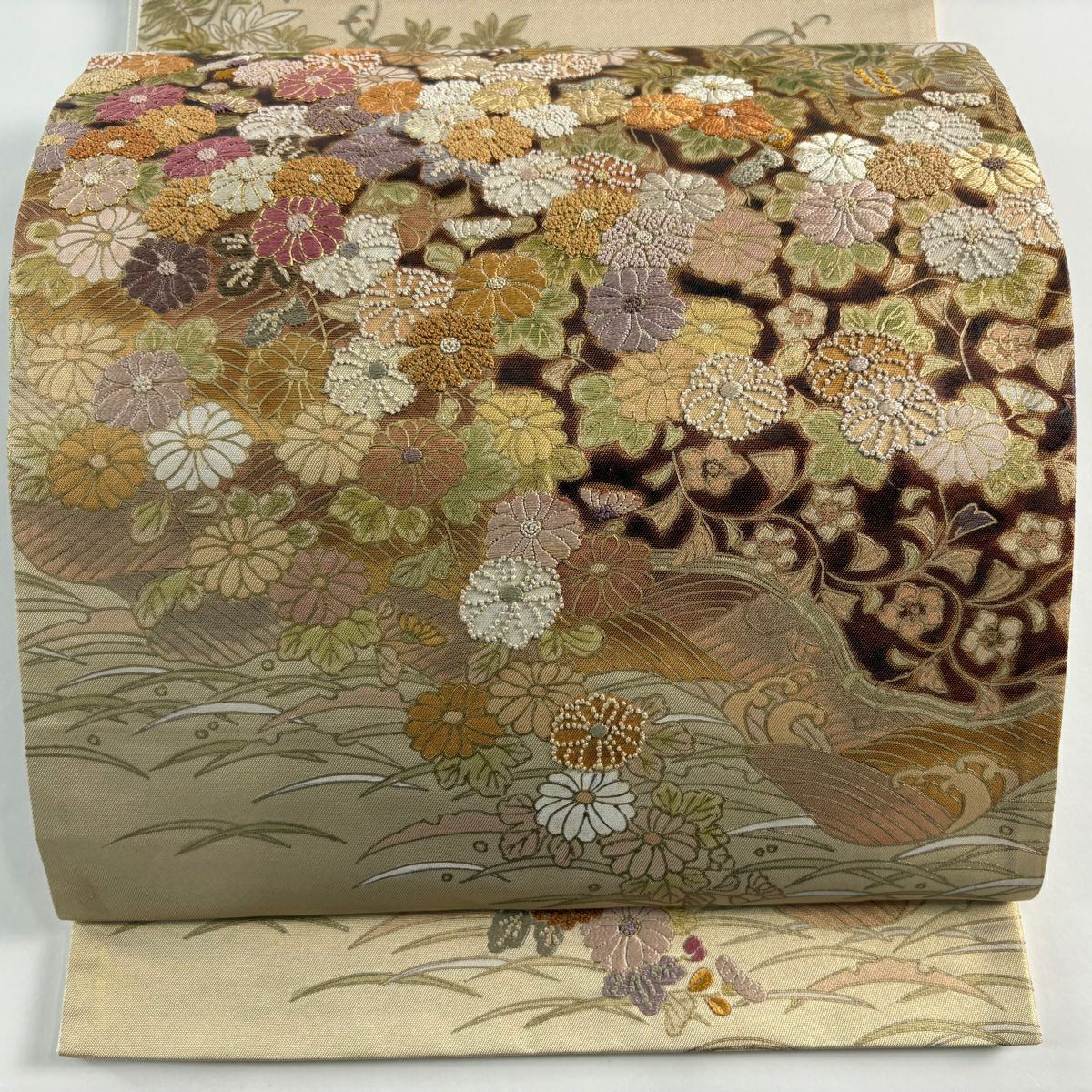 【庫存清倉】 袋帶 優品級 菊花花 波紋 刺繡 金線 淺橙色 大鼓圖案 純蠶絲