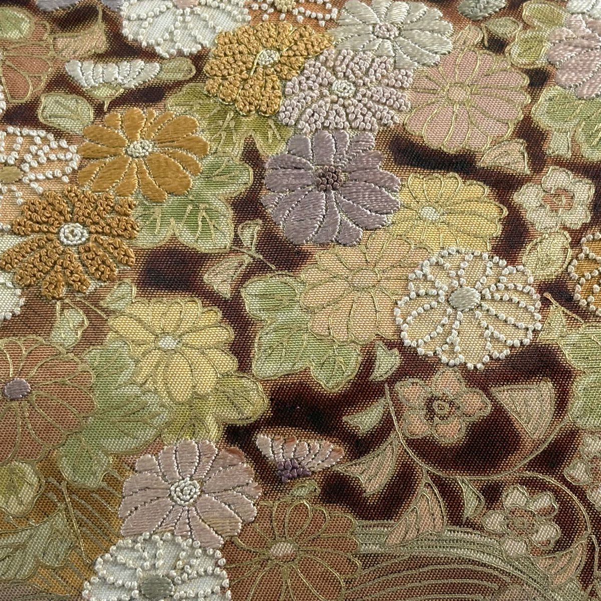 【庫存清倉】 袋帶 優品級 菊花花 波紋 刺繡 金線 淺橙色 大鼓圖案 純蠶絲