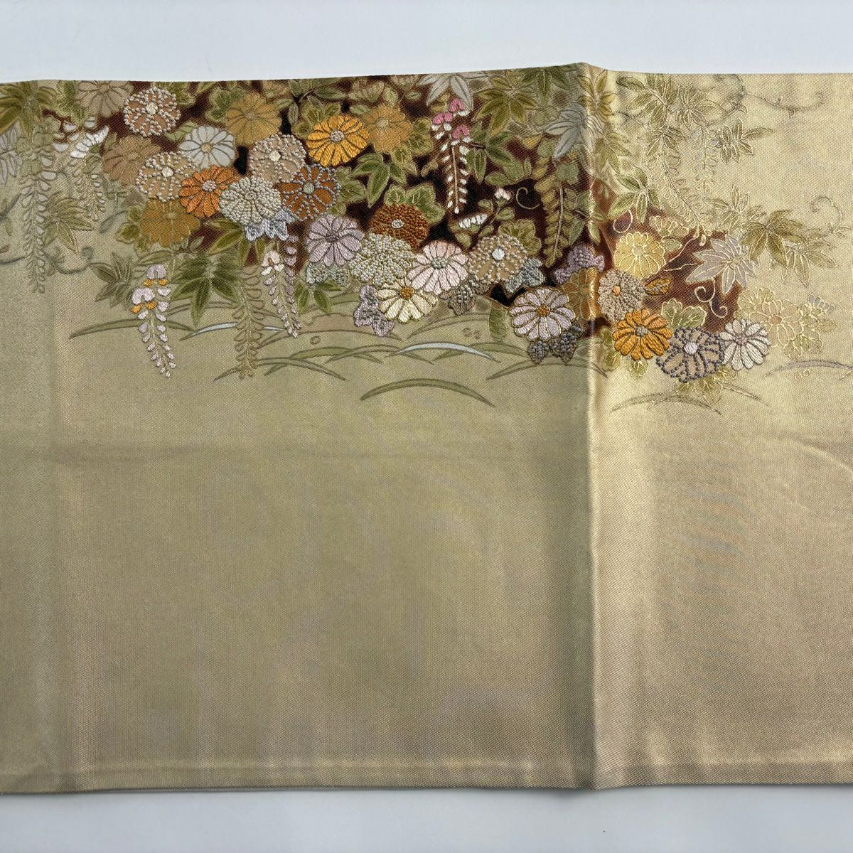 【庫存清倉】 袋帶 優品級 菊花花 波紋 刺繡 金線 淺橙色 大鼓圖案 純蠶絲