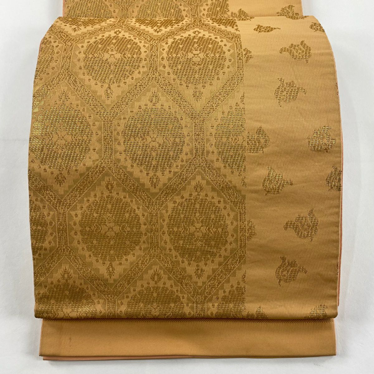 【庫存清倉】 袋帶 優品級 關西仕立 花 龜甲 金金箔 橙色 六通 純蠶絲
