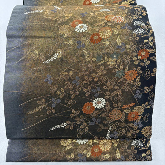 【庫存清倉】 袋帶 優品級 秋草 金金箔 金絲 黑 六通 純蠶絲