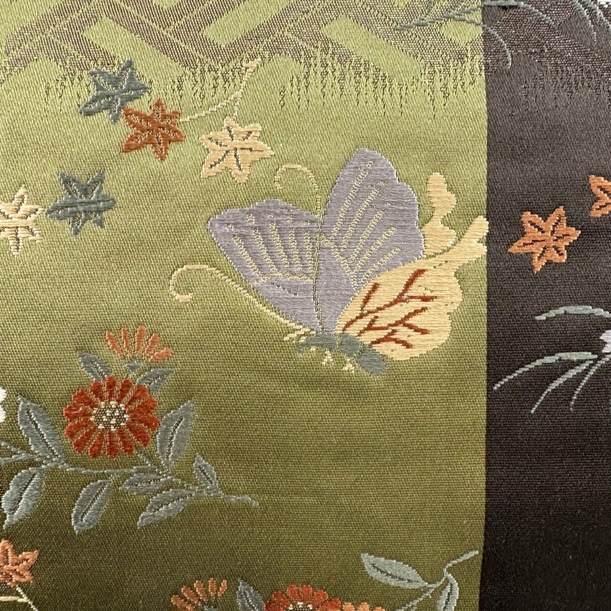 【庫存清倉】 袋帶 優品級 關西仕立 雛蝶 草花紋紋 金銀彩 金金箔 茶綠 六通 純蠶絲