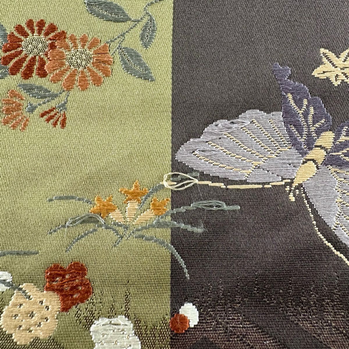 【庫存清倉】 袋帶 優品級 關西仕立 雛蝶 草花紋紋 金銀彩 金金箔 茶綠 六通 純蠶絲