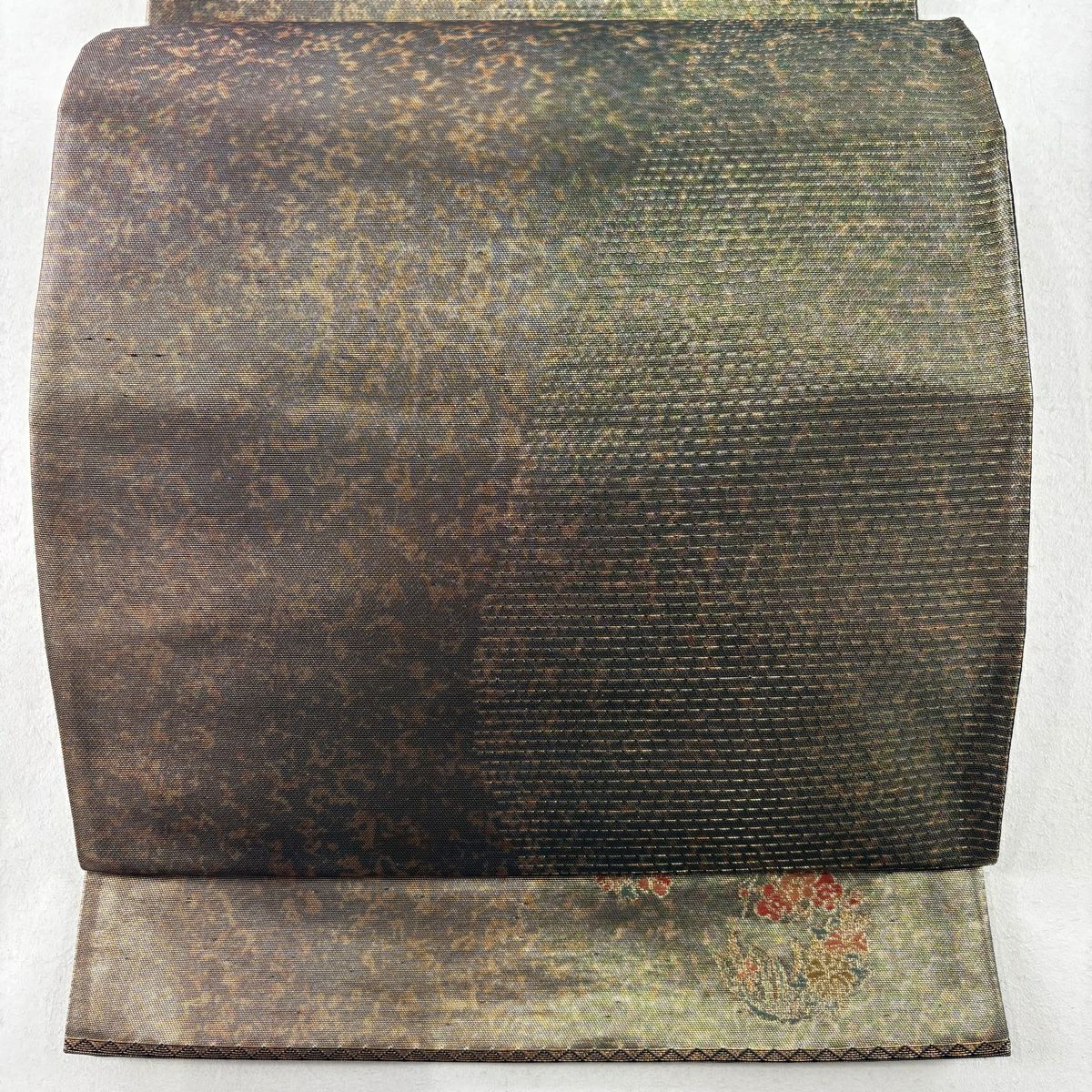 【庫存清倉】 袋帶 優品級 證書齊全 關西仕立 幾何圖案 金金箔 金絲茶 茶紫 六通 純蠶絲