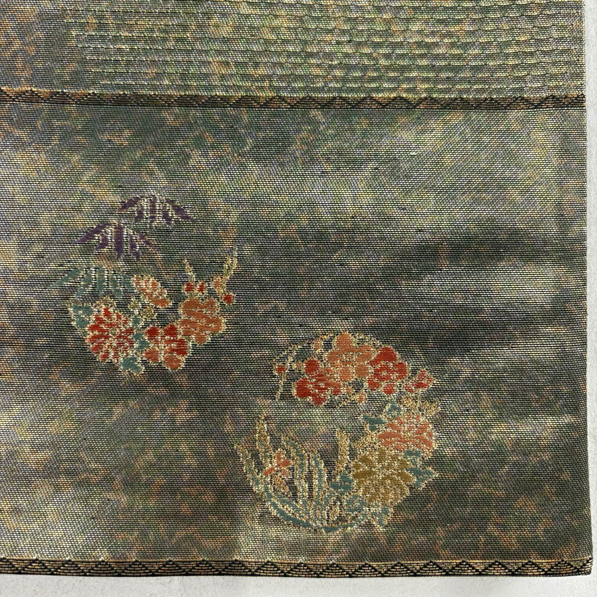【庫存清倉】 袋帶 優品級 證書齊全 關西仕立 幾何圖案 金金箔 金絲茶 茶紫 六通 純蠶絲