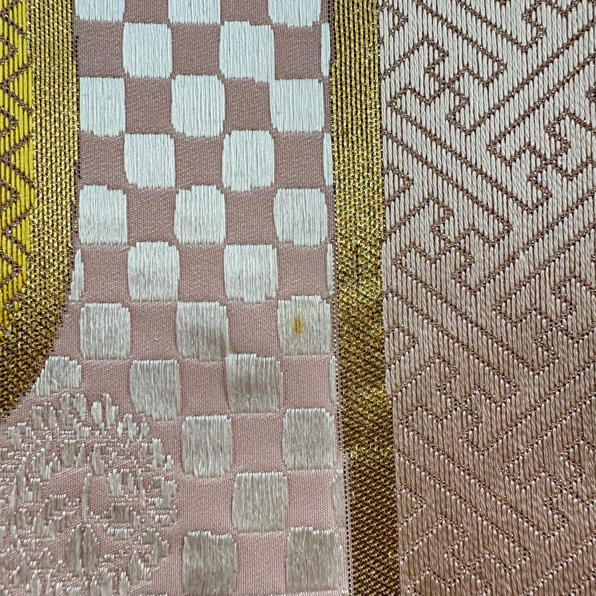 【庫存清倉】 袋帶 優品級 雲霞 市松樹 金金箔 金絲 淺粉色 六通 純蠶絲