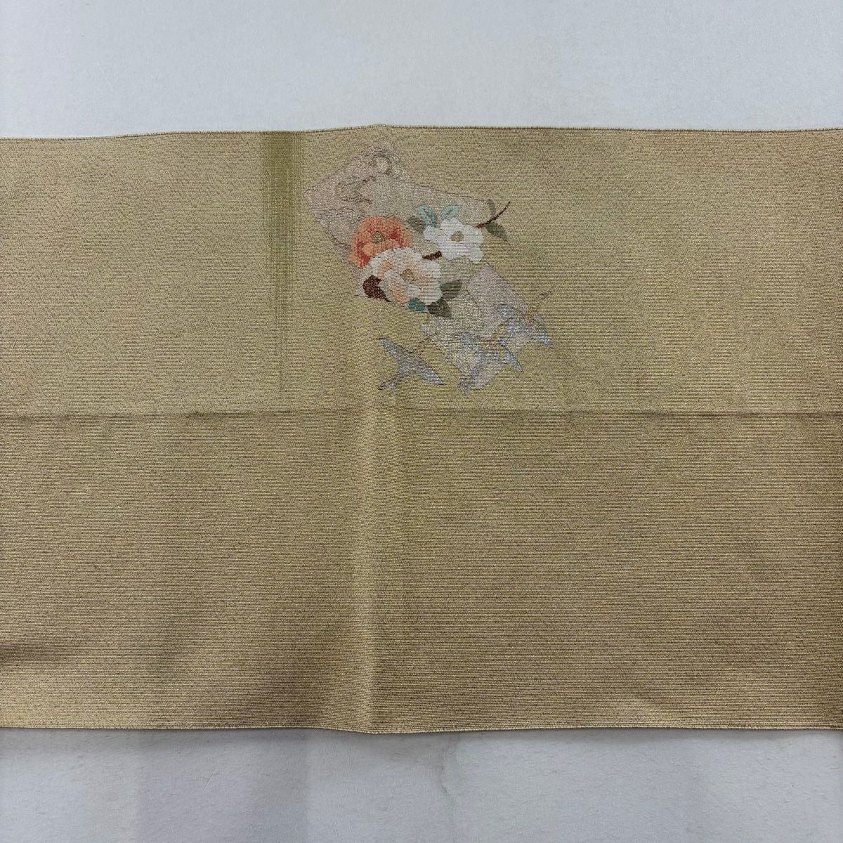 【庫存清倉】 名古屋帶 優品級 八寸名古屋帶 松樹葉仕立 明綴 仙鶴 金銀絲 金通し 米色 純蠶絲
