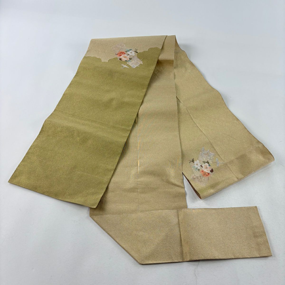 【庫存清倉】 名古屋帶 優品級 八寸名古屋帶 松樹葉仕立 明綴 仙鶴 金銀絲 金通し 米色 純蠶絲