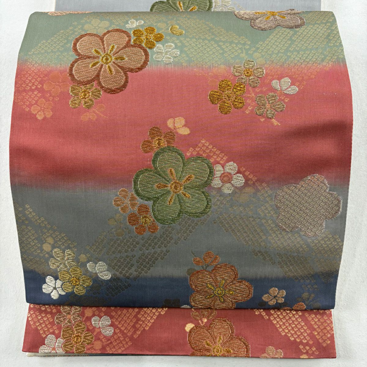 【庫存清倉】 袋帶 美品 秀品級 梅花花 段紋 金金箔 唐織 青灰 深藍色 六通 純蠶絲