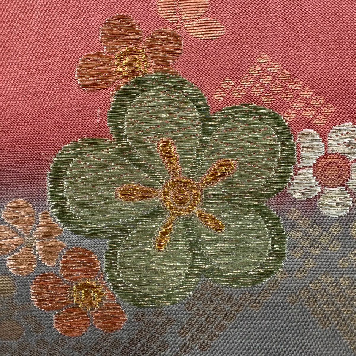 【庫存清倉】 袋帶 美品 秀品級 梅花花 段紋 金金箔 唐織 青灰 深藍色 六通 純蠶絲