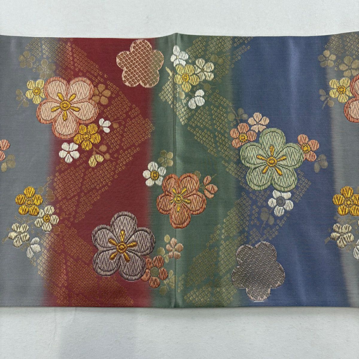【庫存清倉】 袋帶 美品 秀品級 梅花花 段紋 金金箔 唐織 青灰 深藍色 六通 純蠶絲