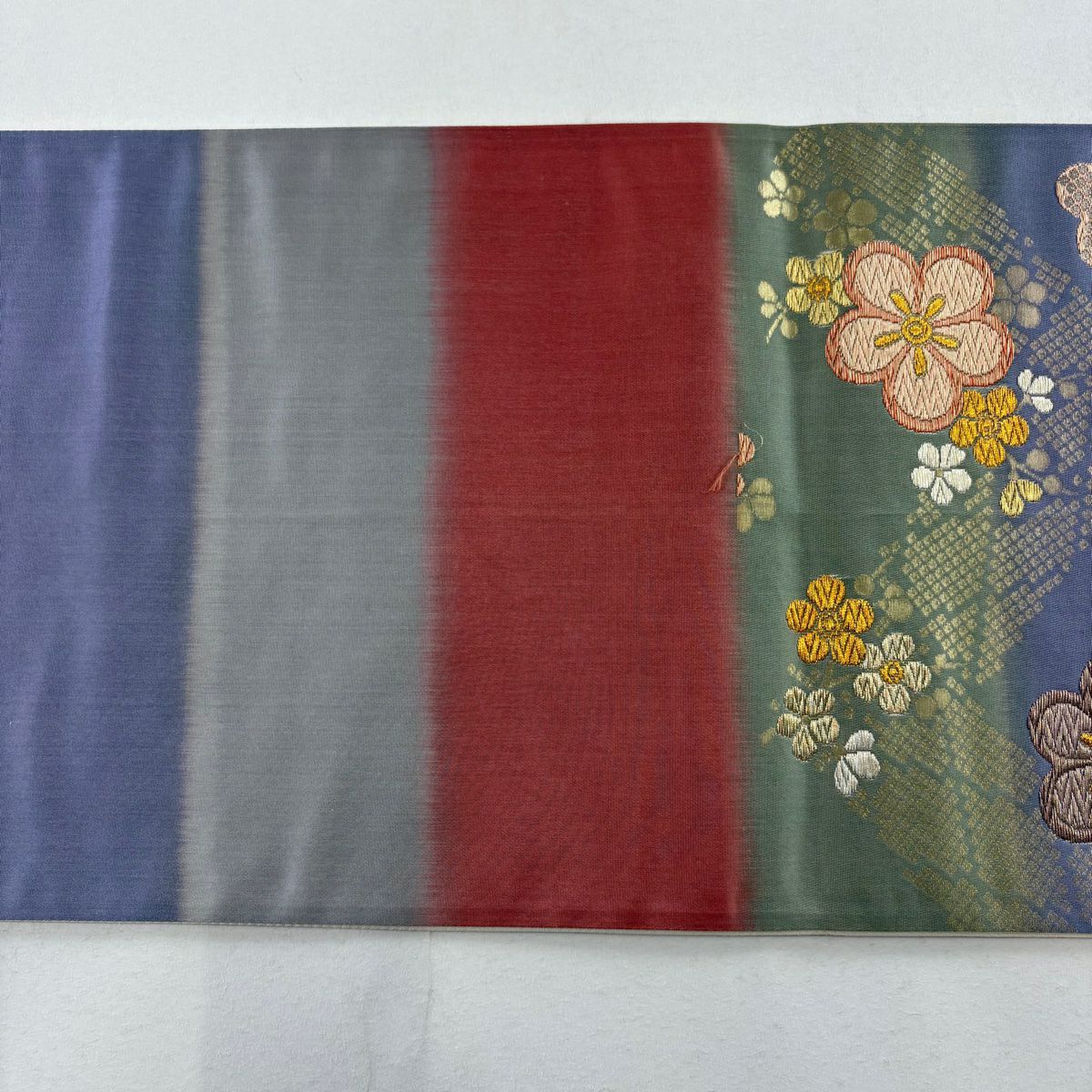 【庫存清倉】 袋帶 美品 秀品級 梅花花 段紋 金金箔 唐織 青灰 深藍色 六通 純蠶絲