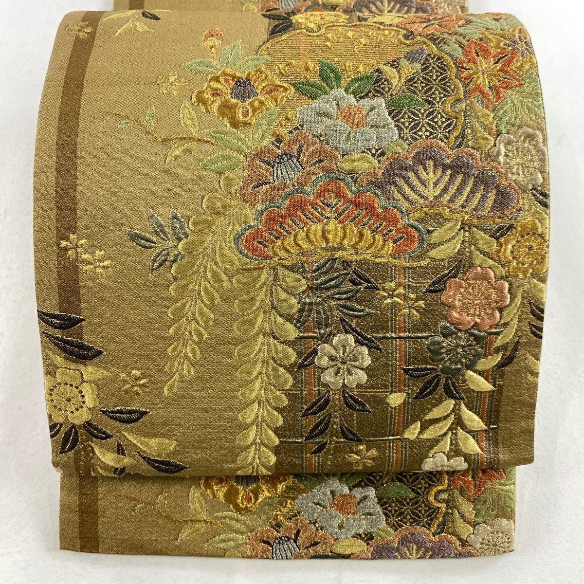 【庫存清倉】 袋帶 美品 秀品級 雪輪 笠松樹 金絲 金金箔 金茶 六通 純蠶絲