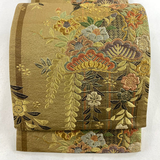 【庫存清倉】 袋帶 美品 秀品級 雪輪 笠松樹 金絲 金金箔 金茶 六通 純蠶絲