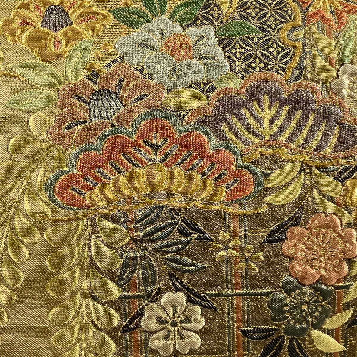 【庫存清倉】 袋帶 美品 秀品級 雪輪 笠松樹 金絲 金金箔 金茶 六通 純蠶絲