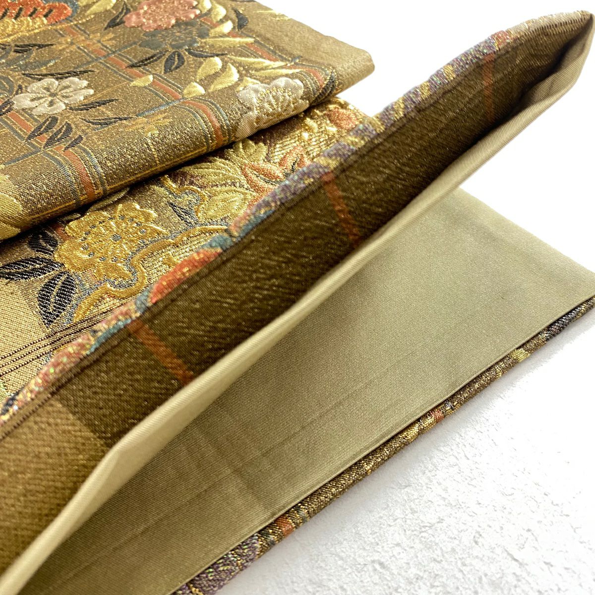 【庫存清倉】 袋帶 美品 秀品級 雪輪 笠松樹 金絲 金金箔 金茶 六通 純蠶絲