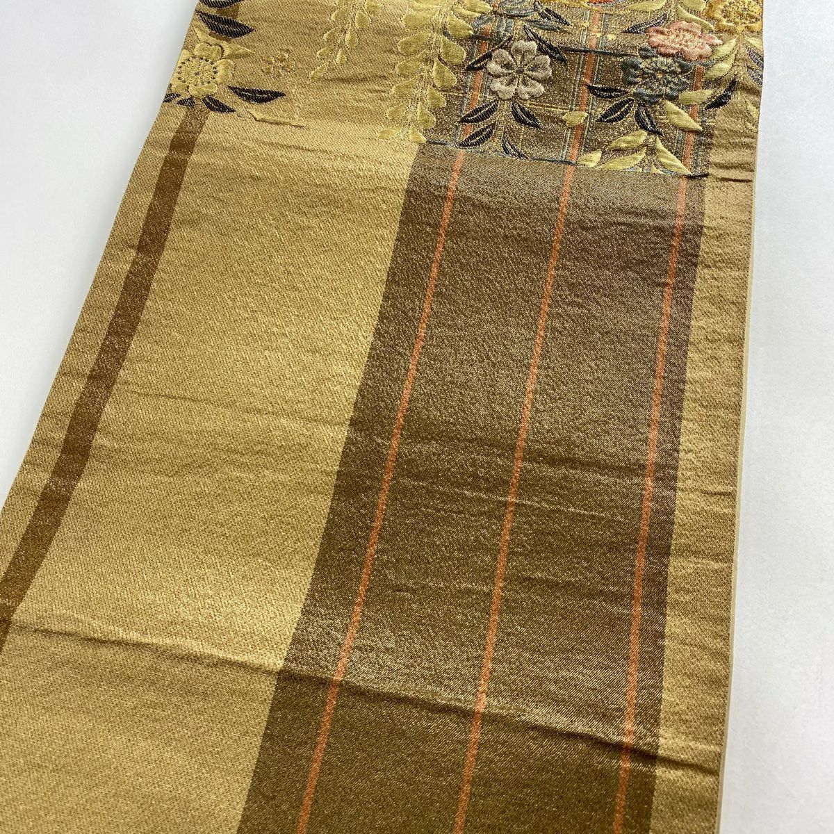 【庫存清倉】 袋帶 美品 秀品級 雪輪 笠松樹 金絲 金金箔 金茶 六通 純蠶絲