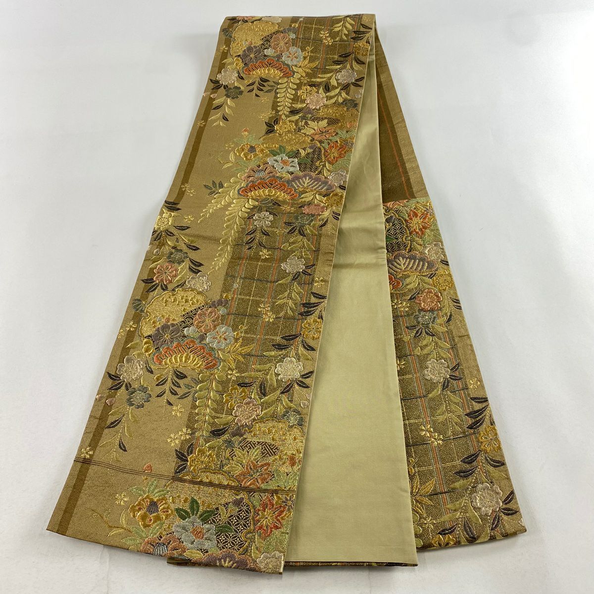 【庫存清倉】 袋帶 美品 秀品級 雪輪 笠松樹 金絲 金金箔 金茶 六通 純蠶絲