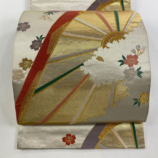 【庫存清倉】 袋帶 美品 秀品級 源氏車櫻花紋 金絲 金金箔 金色 全通 純蠶絲