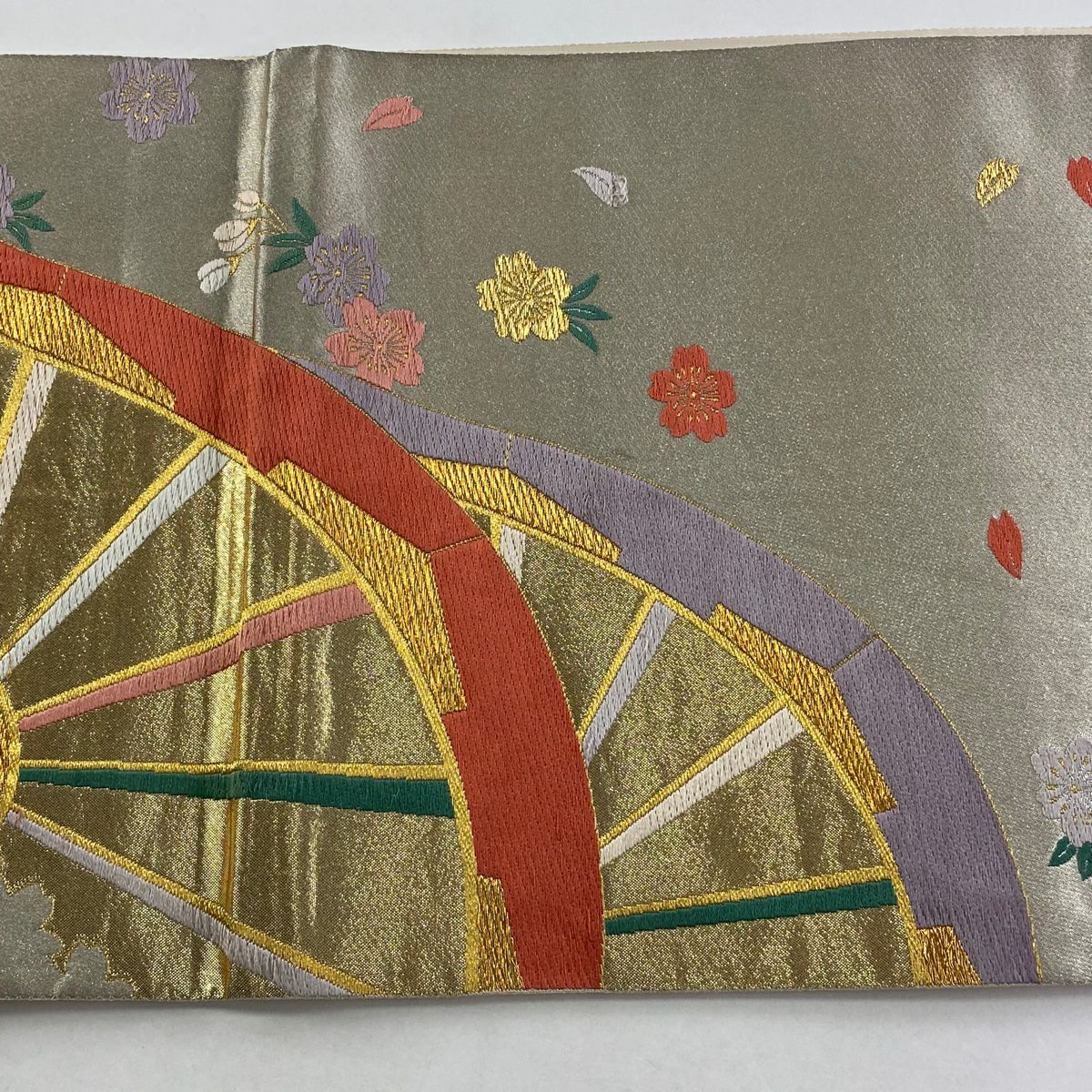 【庫存清倉】 袋帶 美品 秀品級 源氏車櫻花紋 金絲 金金箔 金色 全通 純蠶絲