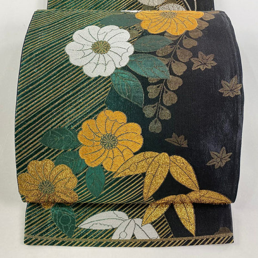 【庫存清倉】 袋帶 美品 秀品級 草花紋紋 竹子葉 金銀彩 金金箔 綠色 六通 純蠶絲