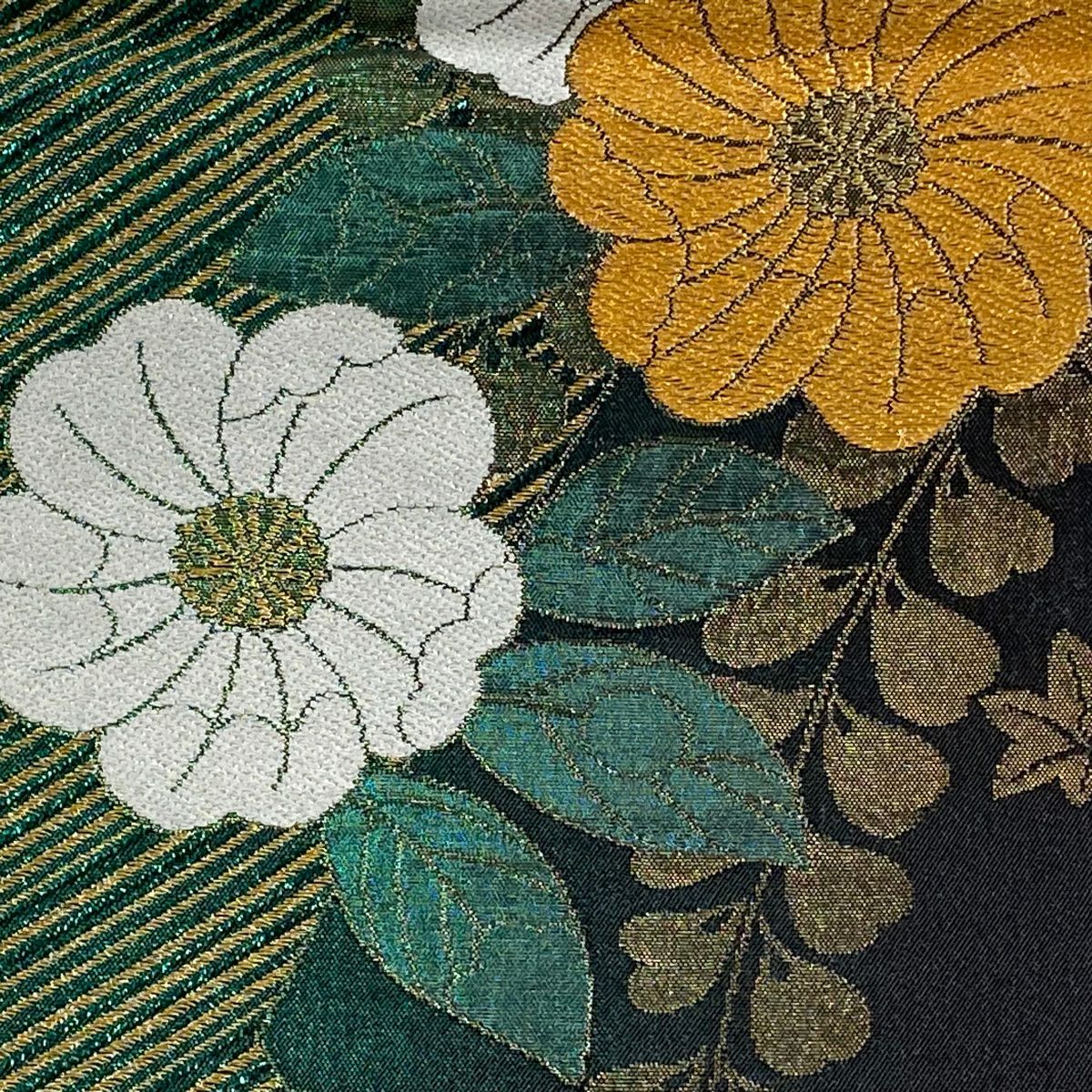 【庫存清倉】 袋帶 美品 秀品級 草花紋紋 竹子葉 金銀彩 金金箔 綠色 六通 純蠶絲