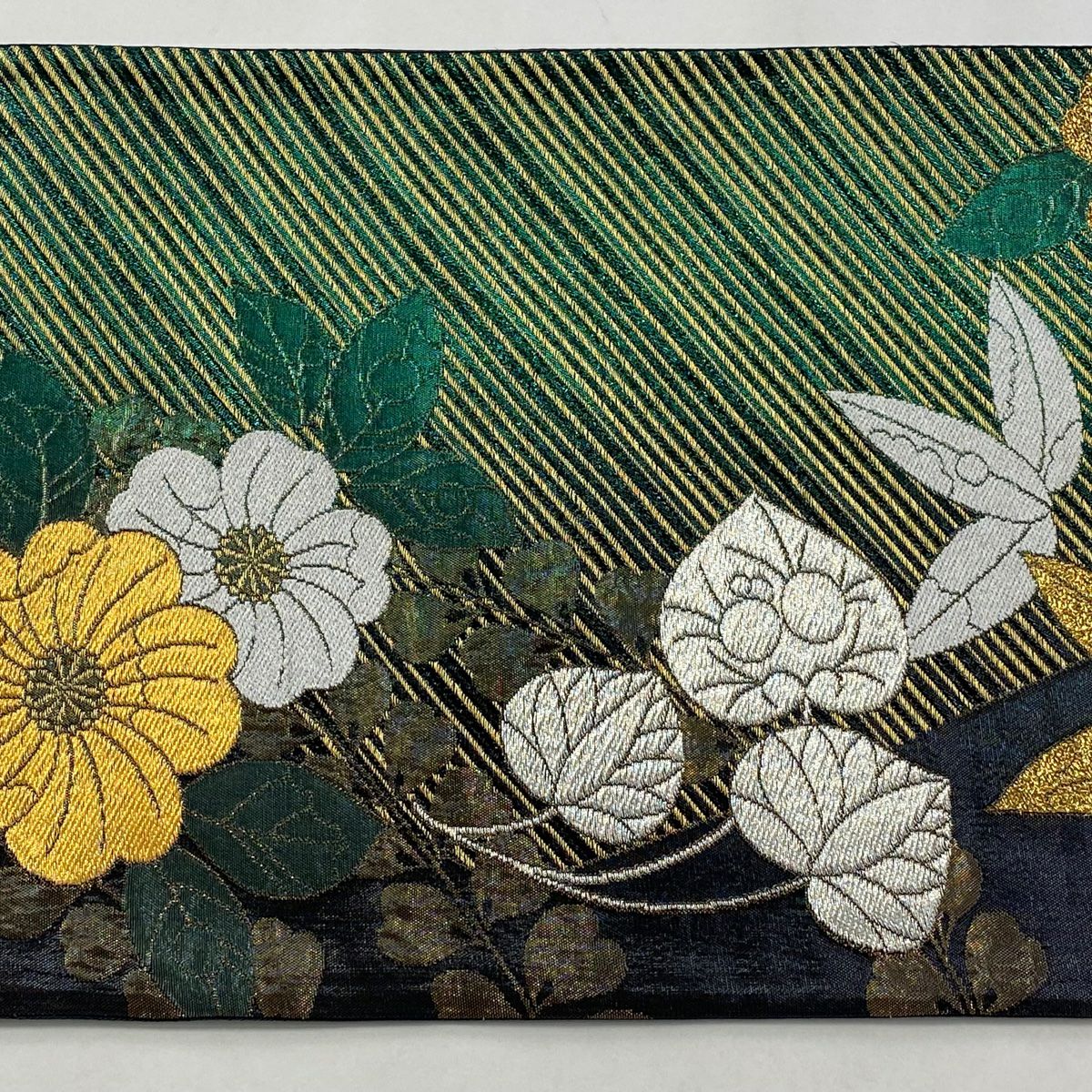 【庫存清倉】 袋帶 美品 秀品級 草花紋紋 竹子葉 金銀彩 金金箔 綠色 六通 純蠶絲