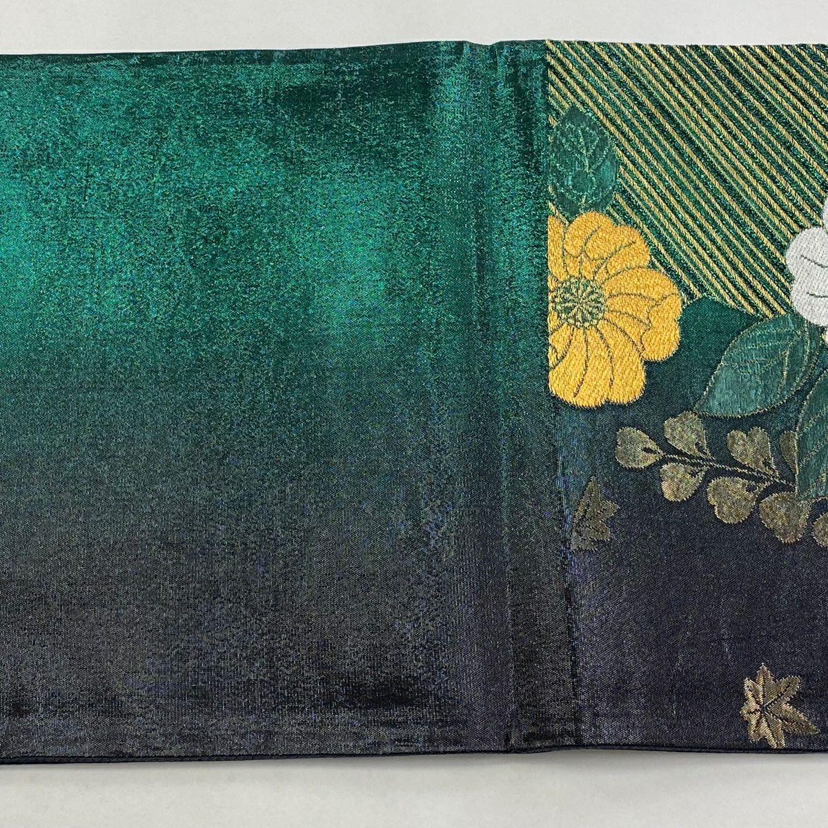 【庫存清倉】 袋帶 美品 秀品級 草花紋紋 竹子葉 金銀彩 金金箔 綠色 六通 純蠶絲