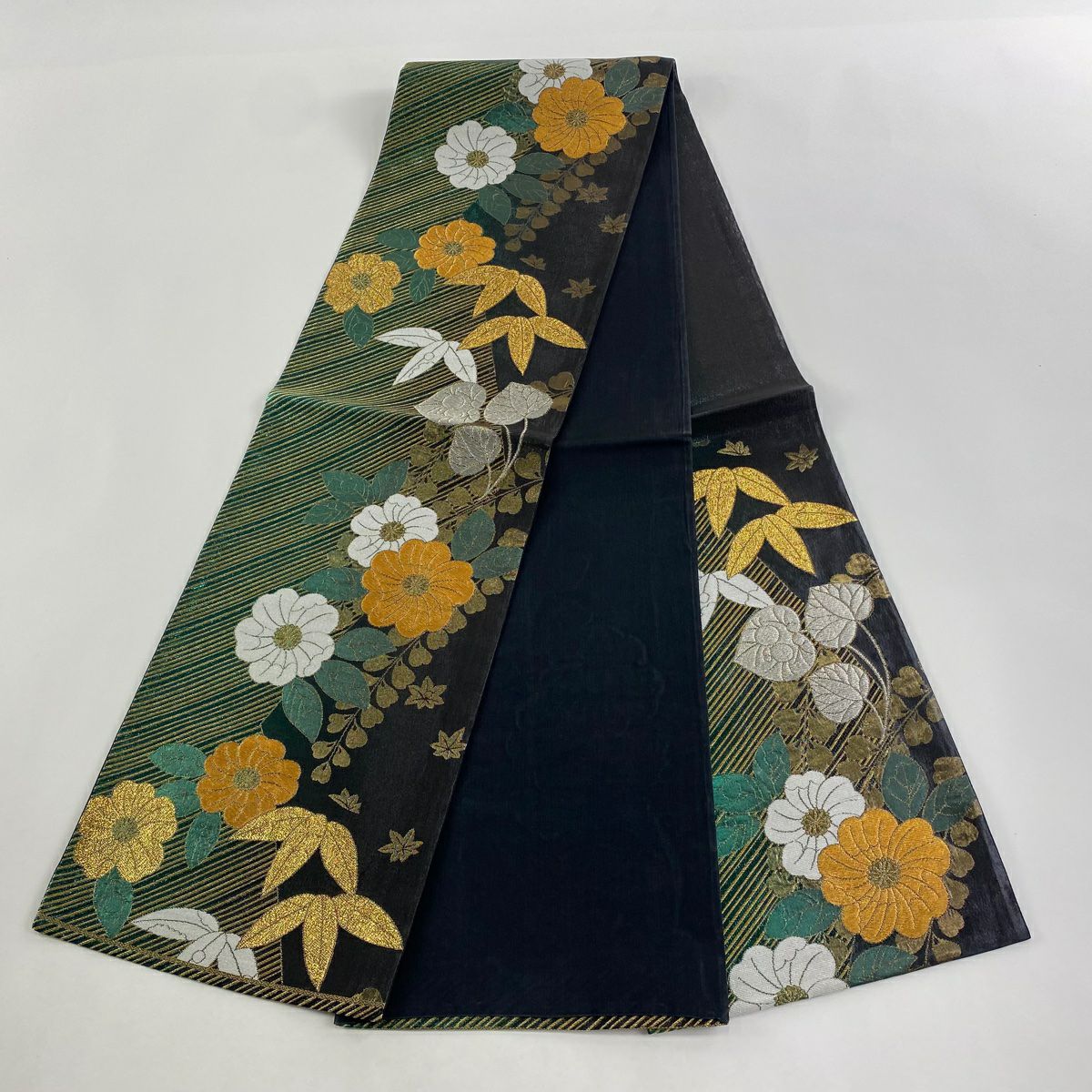 【庫存清倉】 袋帶 美品 秀品級 草花紋紋 竹子葉 金銀彩 金金箔 綠色 六通 純蠶絲