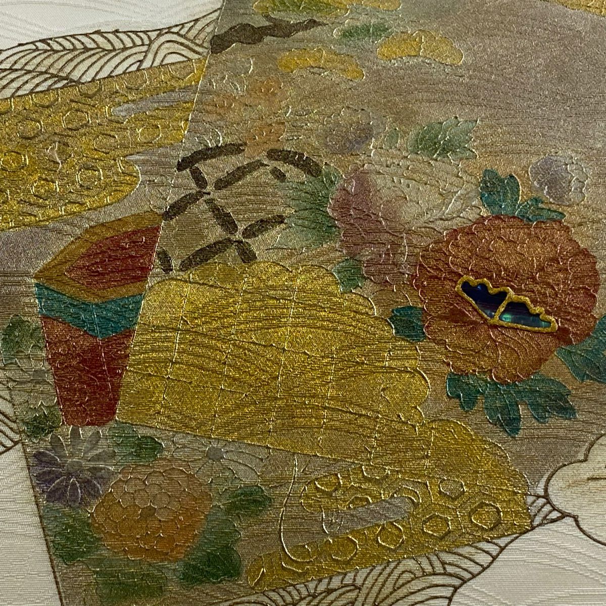 【庫存清倉】 名古屋帶 優品級 色紙 草花紋紋 金彩裝飾 奶油色 純蠶絲