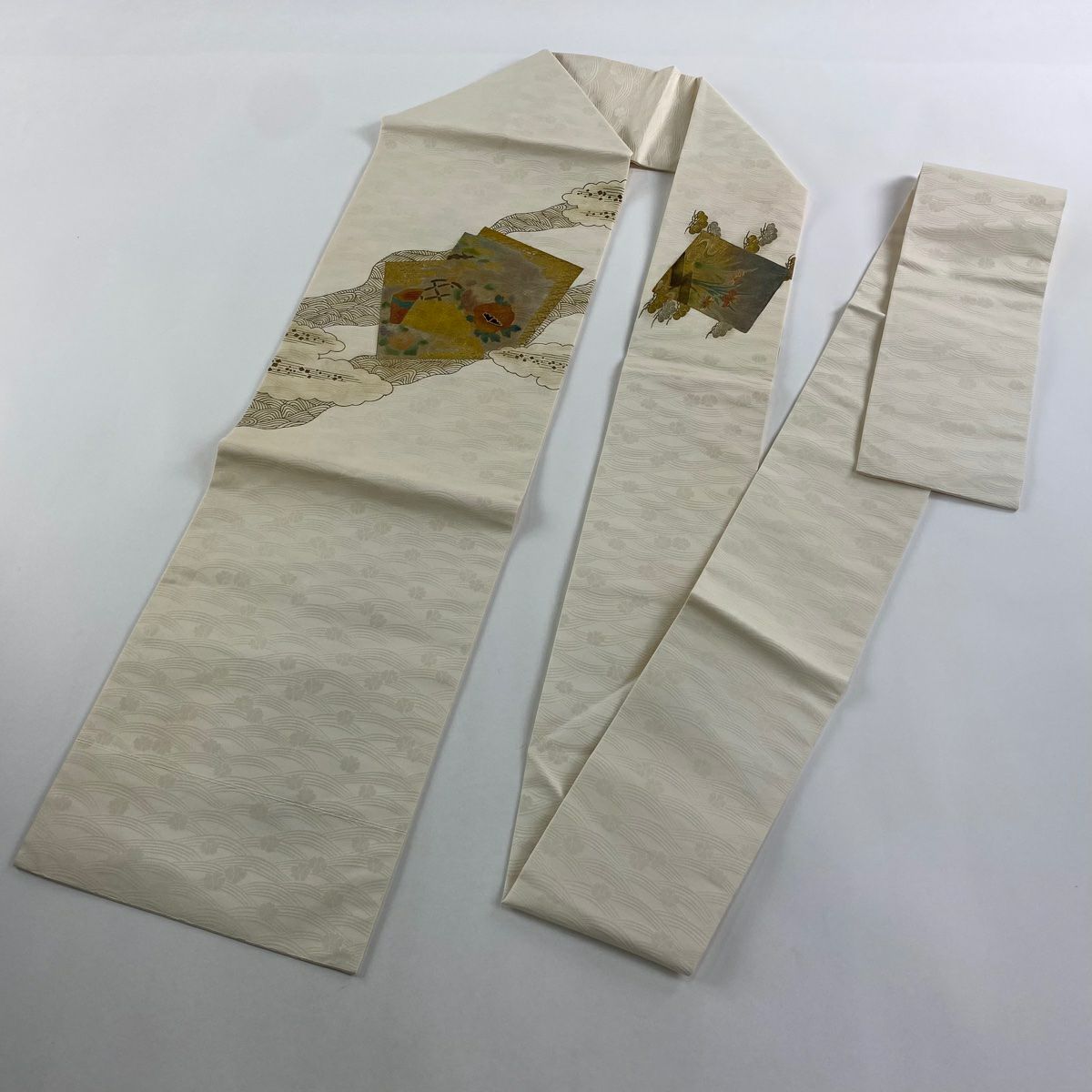 【庫存清倉】 名古屋帶 優品級 色紙 草花紋紋 金彩裝飾 奶油色 純蠶絲